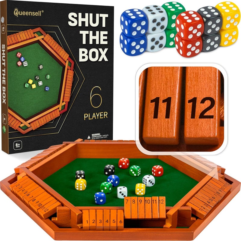 Queensell Shut The Box Game Wooden Board for 1-6 Players - 16-inch Shut The Box Game 12 Numbers for Adults & Kids - Ideal for Games Night - Image 1